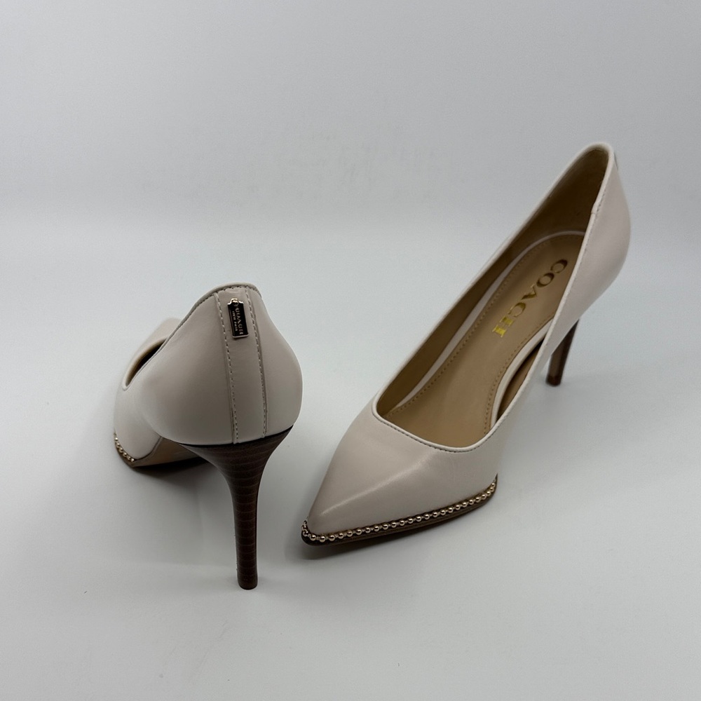 Coach Cream Pointed-Toe Leather Stiletto Pumps with Chain Trim